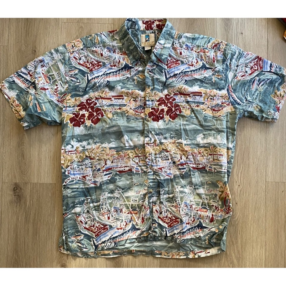Kahala Men XL Hawaiian Aloha Shirt Cotton Made in Hawaii Scenic Print Avi